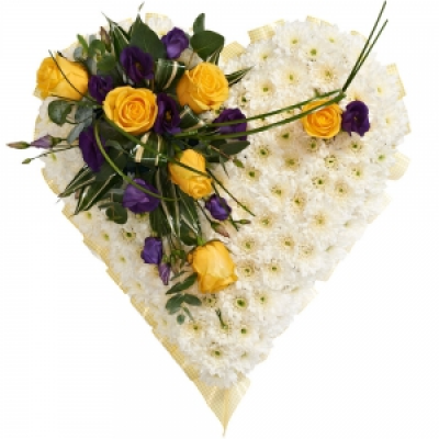 Heart Shaped Tribute (Light) - Traditional funeral heart. A massed heart in white with a lovely flower bump in yellow and purple.