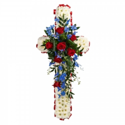 Funeral Cross - Traditional funeral tribute. A funeral cross massed in white and edged in ribbon. Let us know your preferred colours.