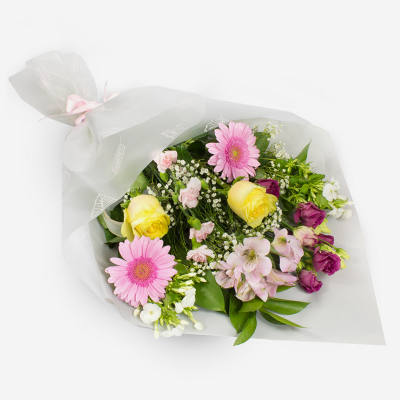 Summer Sunshine - Bright sunshine flowers make this lovely bouquet perfect for any occasion. A collection of seasonal flowers in coordinated wrapping hand delivered by the professional local florist.
